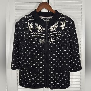DC Front Zip Black White Fair Isle Pattern 3/4 Sleeve Snowflake Cardigan Sz M